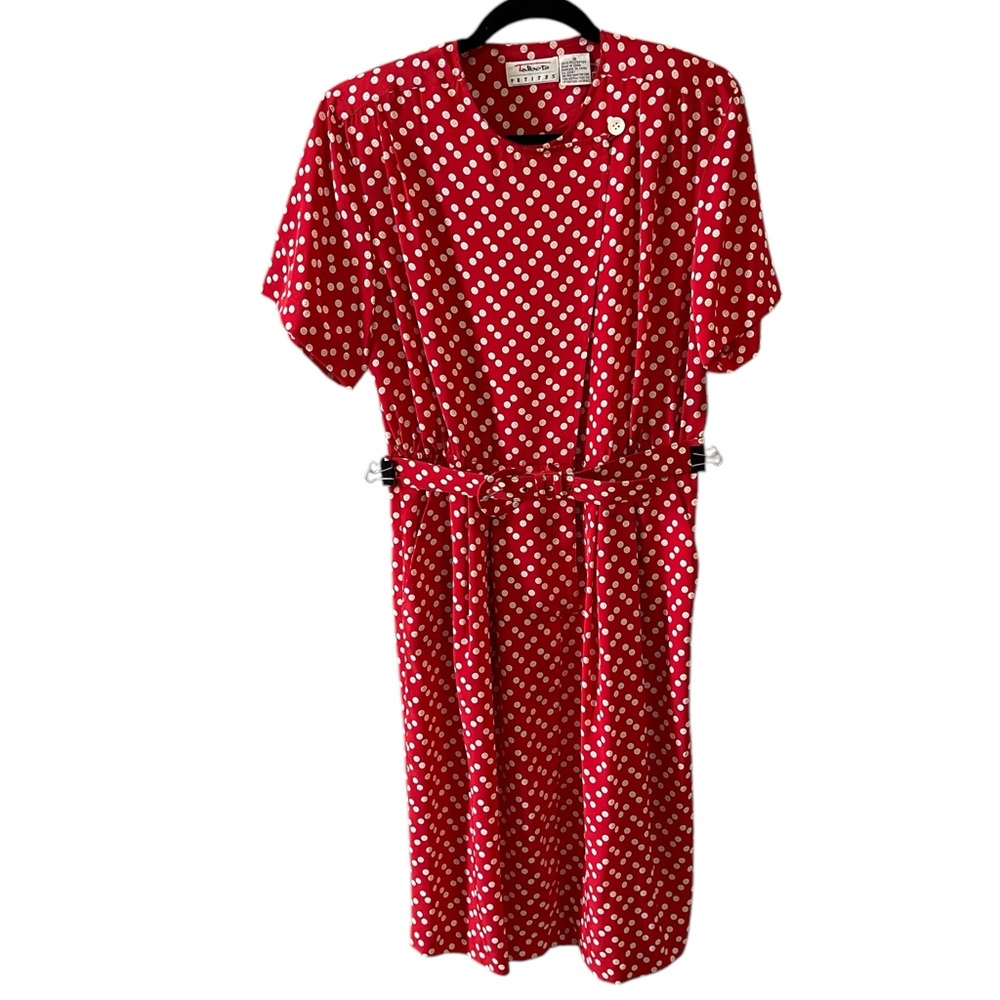 Talbots petites vintage red midi‎ dress, white button print.Shoulder pad sz12